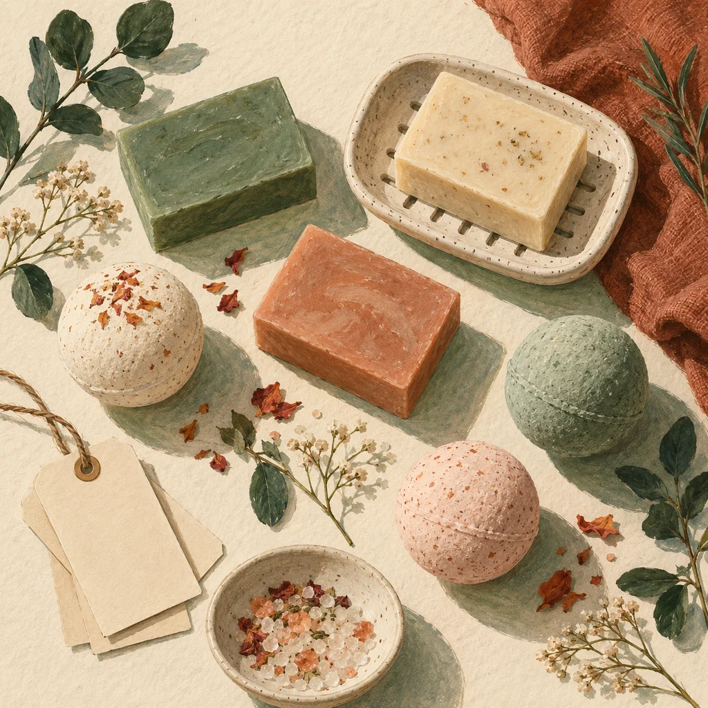 Original Upvote concept of plain soap bars, unmarked round bath bombs, blank paper labels and a ceramic dish on cream paper; not the maker’s actual designs or studio.