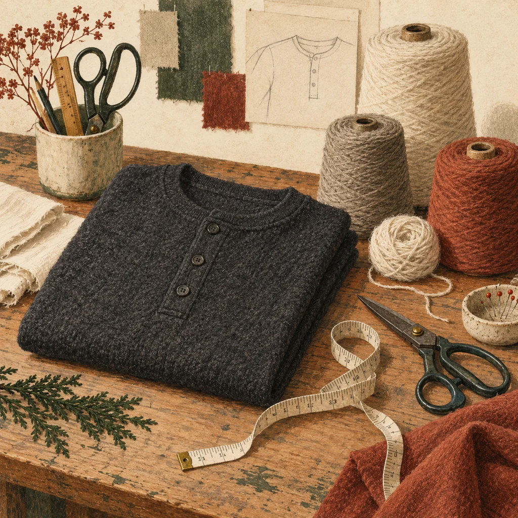 Original Upvote concept of folded plain wool layers, cotton fabric and sewing tools; not the maker’s actual products or studio.