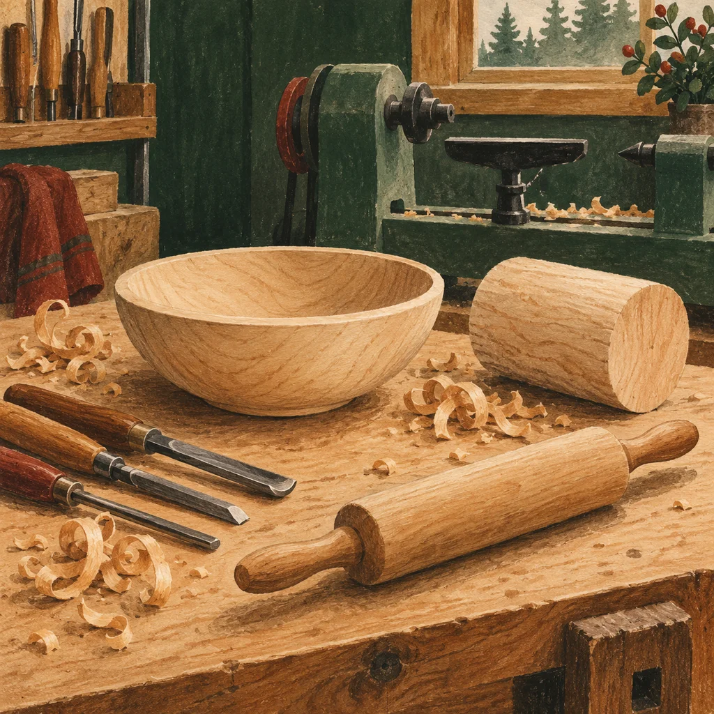 Original Upvote concept of a woodcraft bench, plain bowl, tools and shavings; not Stinson’s actual products or workshop.