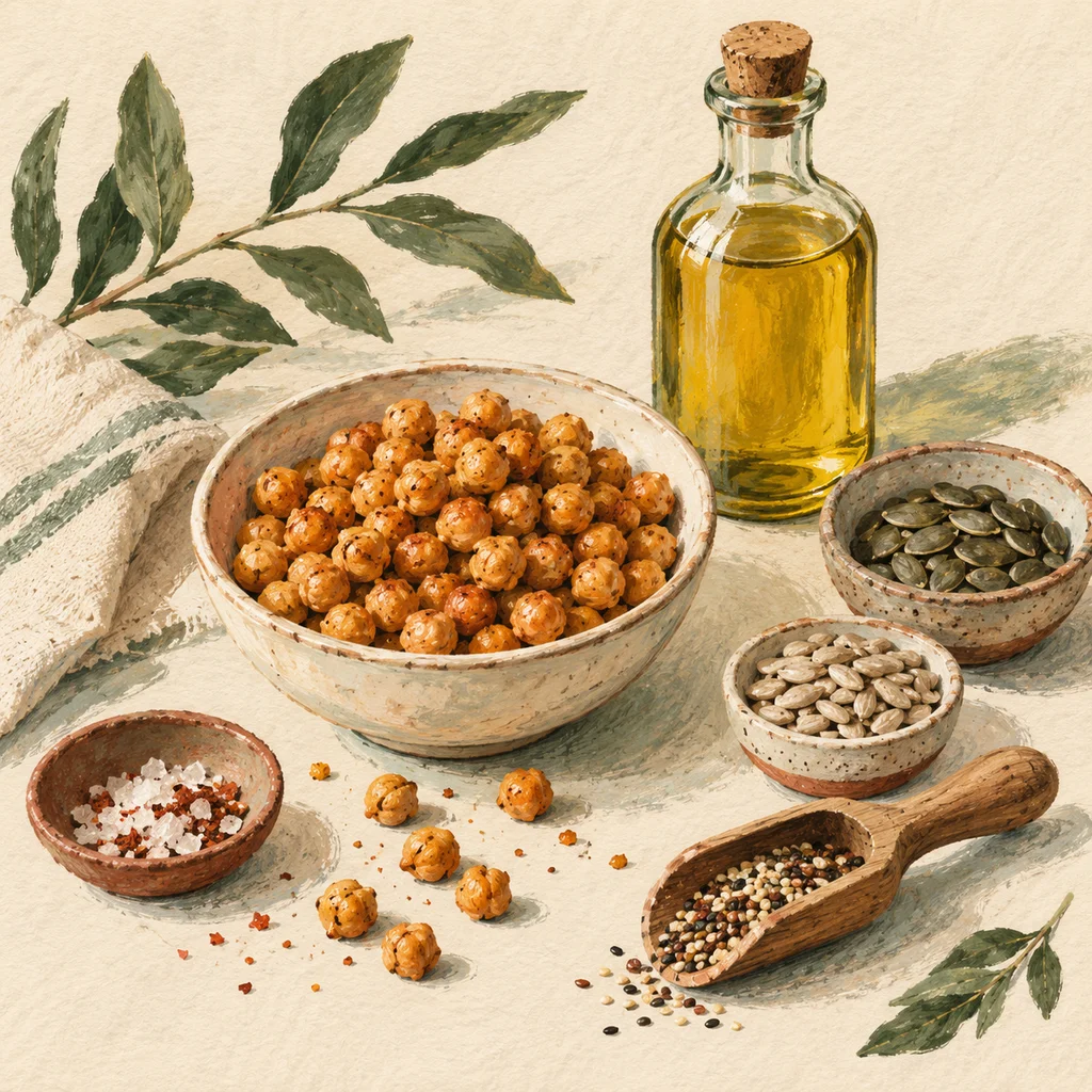 Original Upvote concept of roasted chickpeas, a plain oil bottle, seed bowls and a pantry scoop on cream paper; not the maker’s actual packaging.