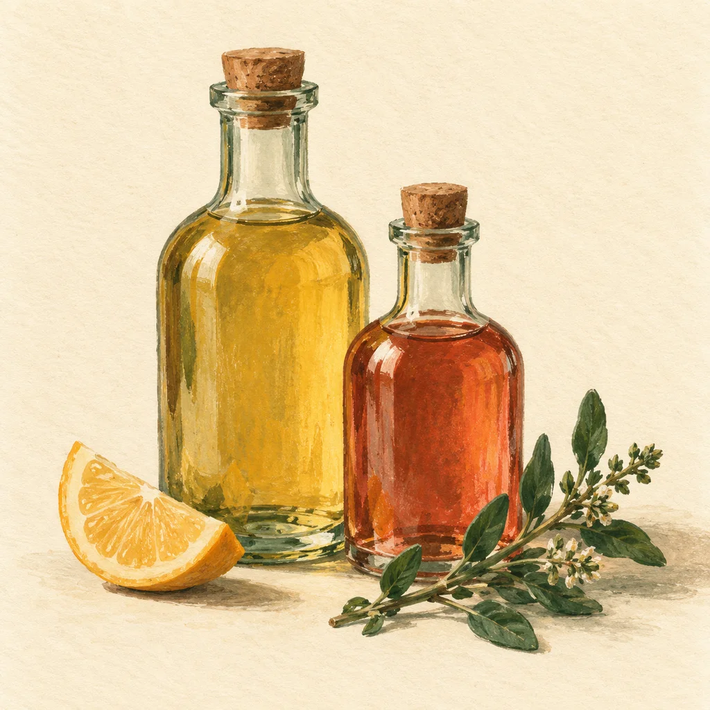 Original concept illustration of unlabelled drink-syrup bottles, ginger and simple mixing tools.