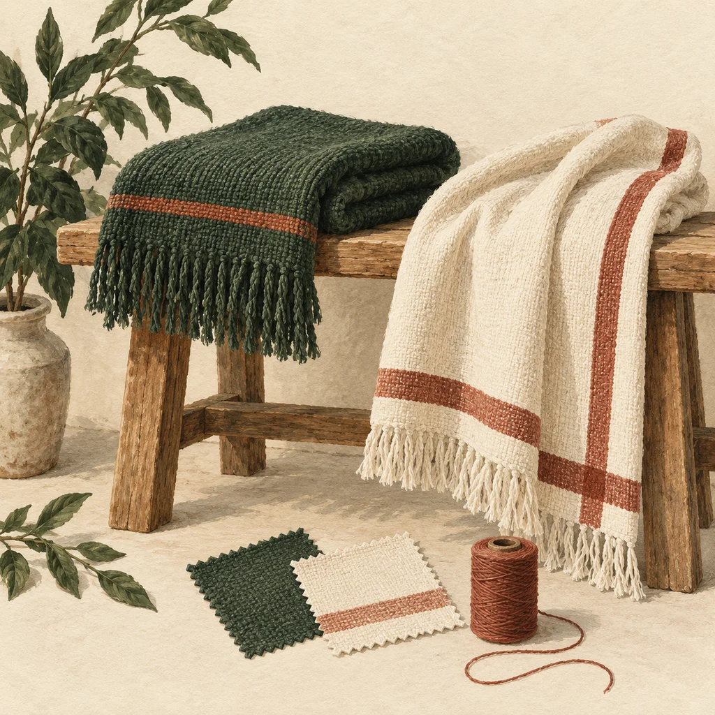 Upvote concept illustration of throws and outdoor textiles; not the maker’s actual products, artwork or venue.