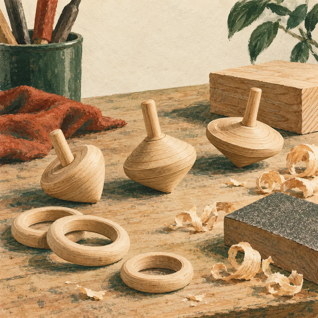 Original Upvote concept of plain wooden tops, loose wooden rings, sanding tools and wood shavings; not the maker’s actual products or studio.