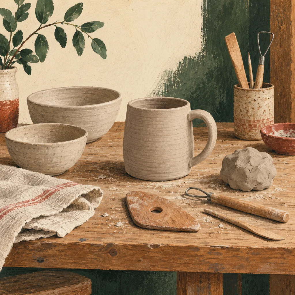 Original Upvote concept of a pottery workbench with undecorated clay vessels and tools; not the actual studio or sale designs.