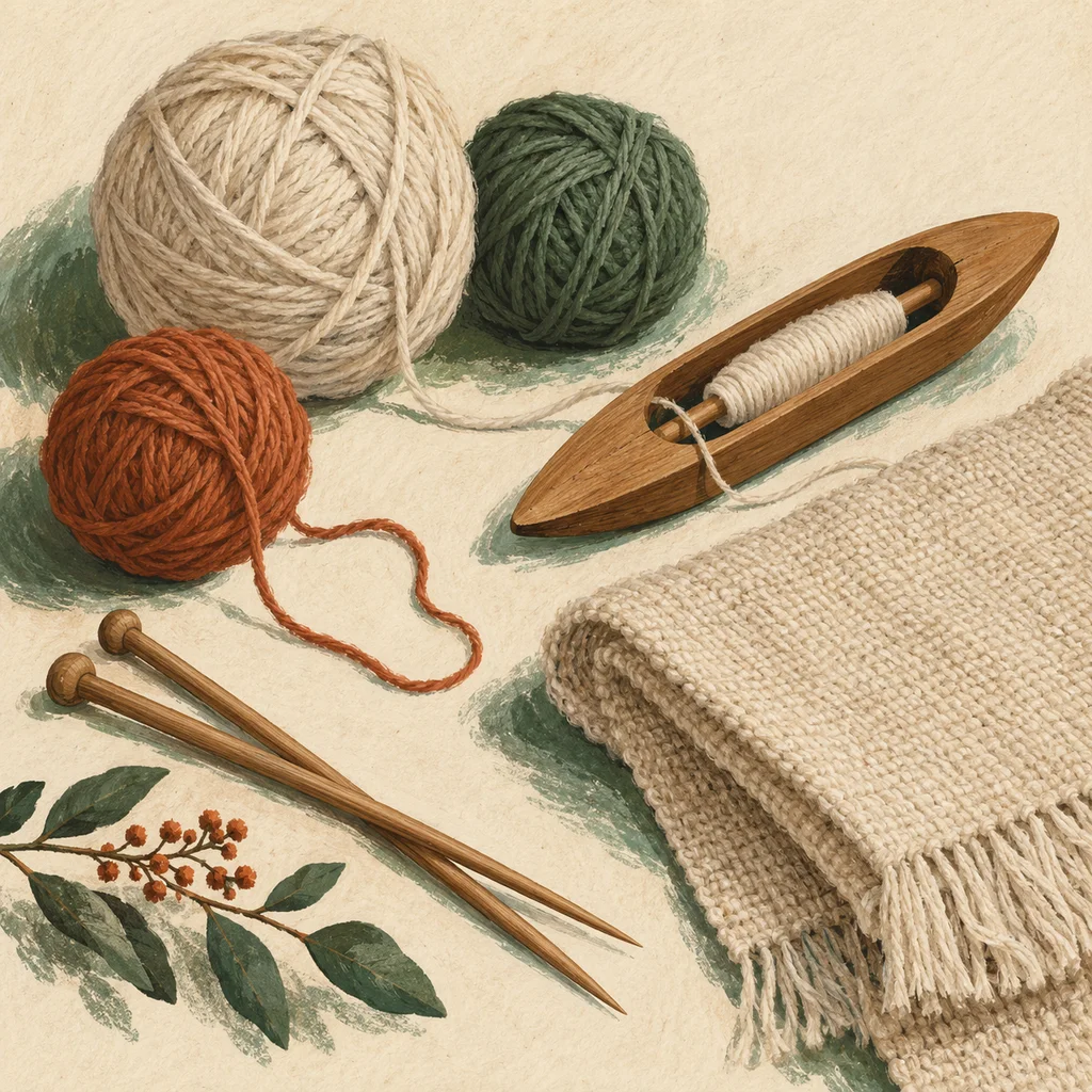 Original Upvote concept of plain yarn balls, an unpatterned woven cloth, a loom shuttle and knitting needles on cream paper; not artwork, cultural motifs, hats or the centre’s studio.