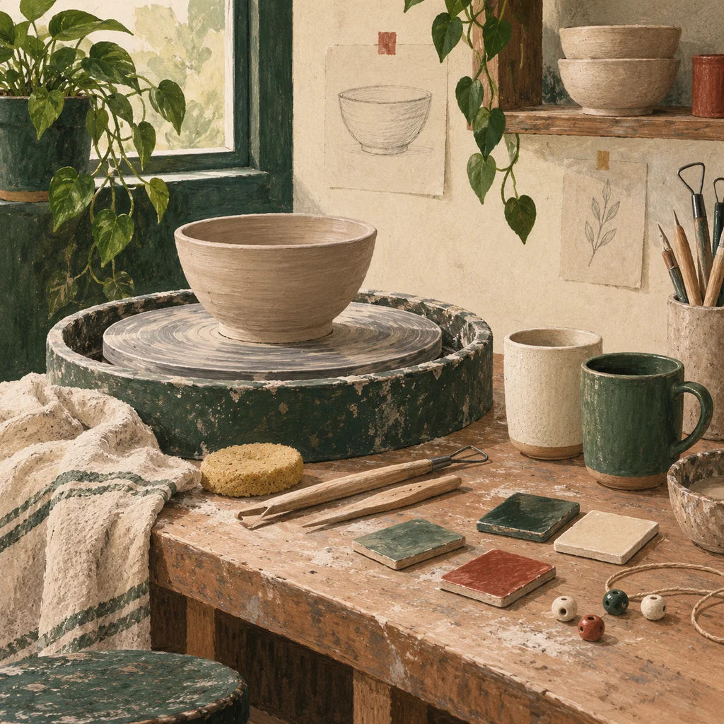 Original Upvote concept of a pottery wheel, plain unpatterned mugs, clay tools and glaze test tiles; not the maker’s actual products or studio.