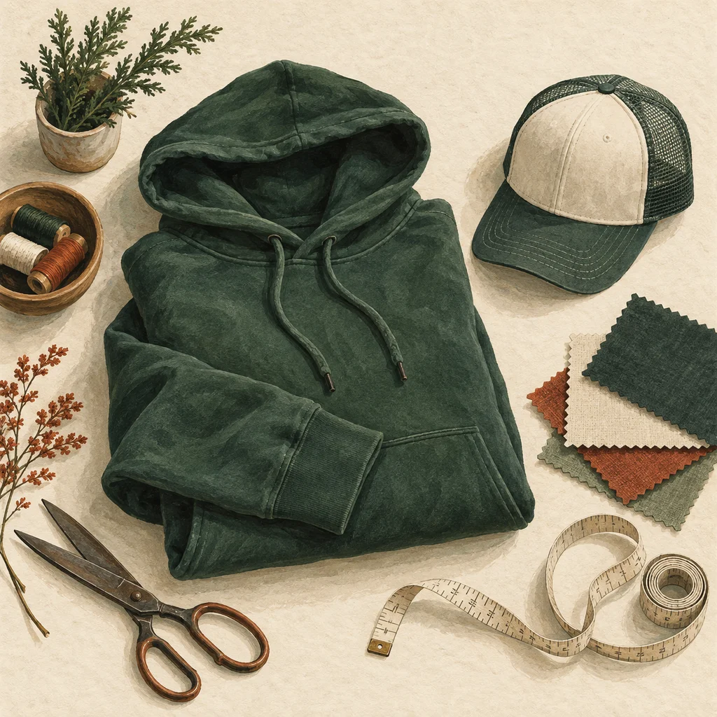 Original Upvote concept of an unprinted hoodie, a blank trucker cap, fabric swatches and a measuring tape on cream paper; not the brand’s products, graphics or store.