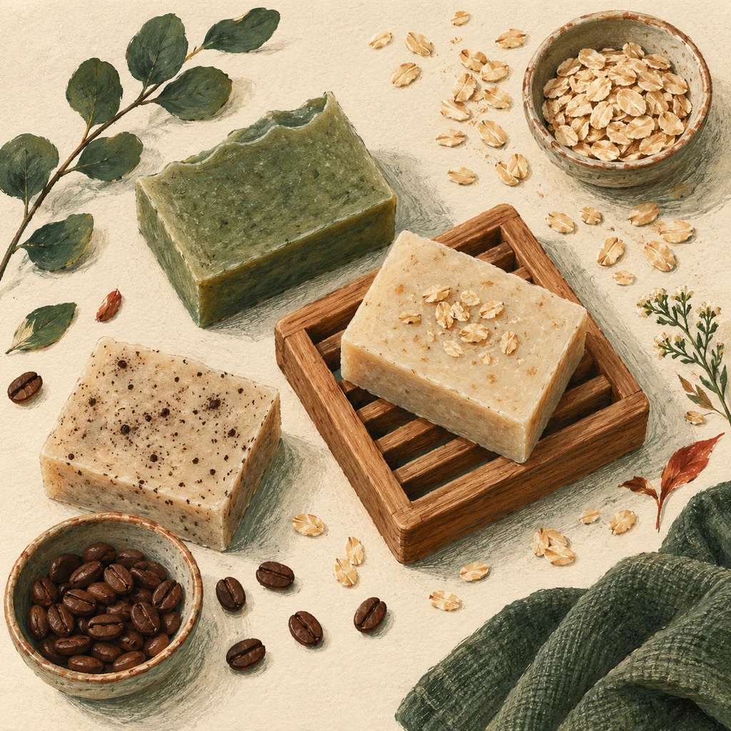 Original Upvote concept of plain soap bars, a wooden soap dish, scattered oats and coffee beans on cream paper; not the maker’s actual products, designs or studio.